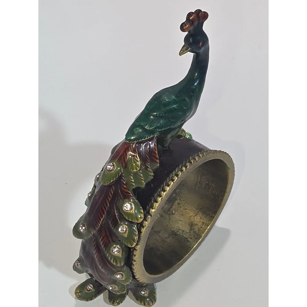 Peacock Enamel Napkin Ring Holders Brass Metal & Rhinestones set of 4
